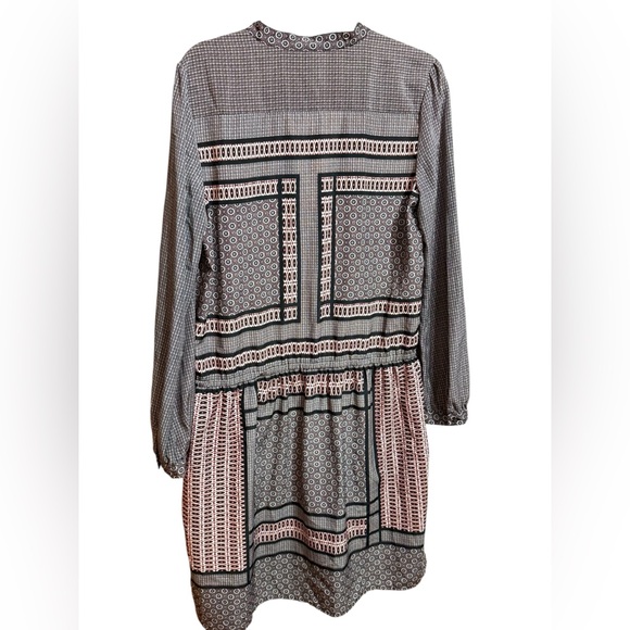 Halogen Boho Geometric Print Tie Neck Long Sleeve Dress Black Gray Red sz L - Picture 8 of 11